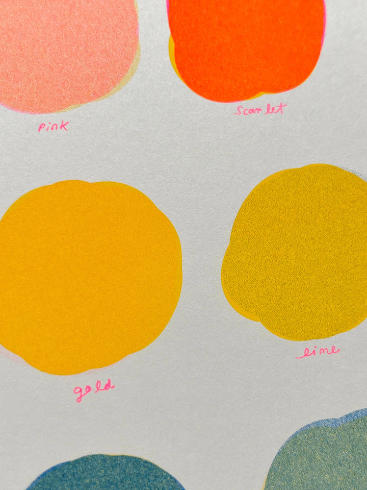 Riso Color Swatch in Blue, Yellow and Fluorescent Pink