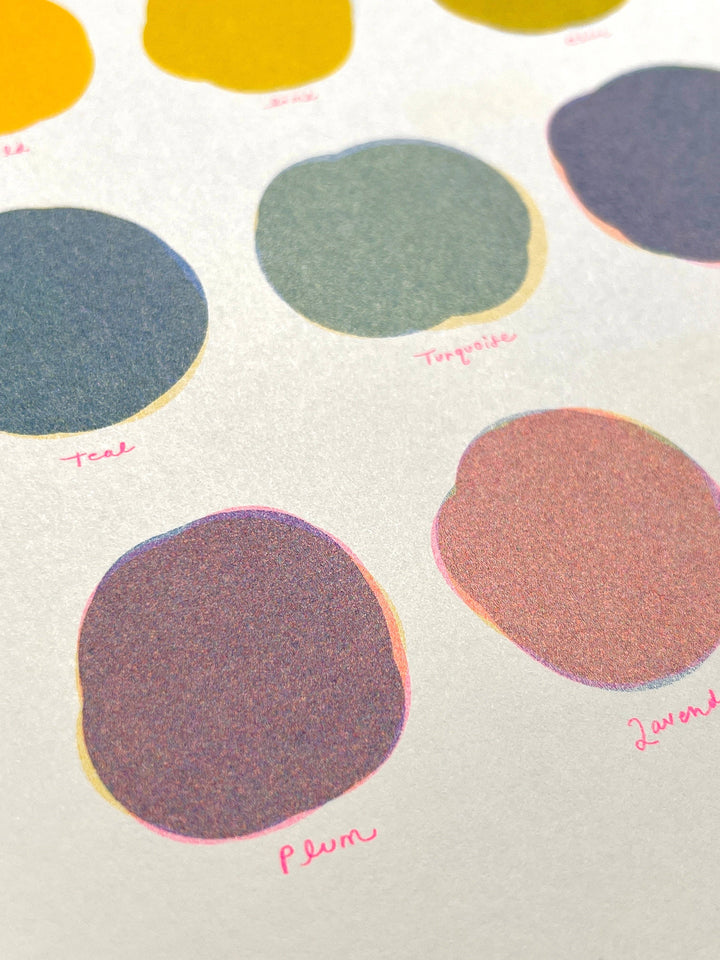 Riso Color Swatch in Blue, Yellow and Fluorescent Pink