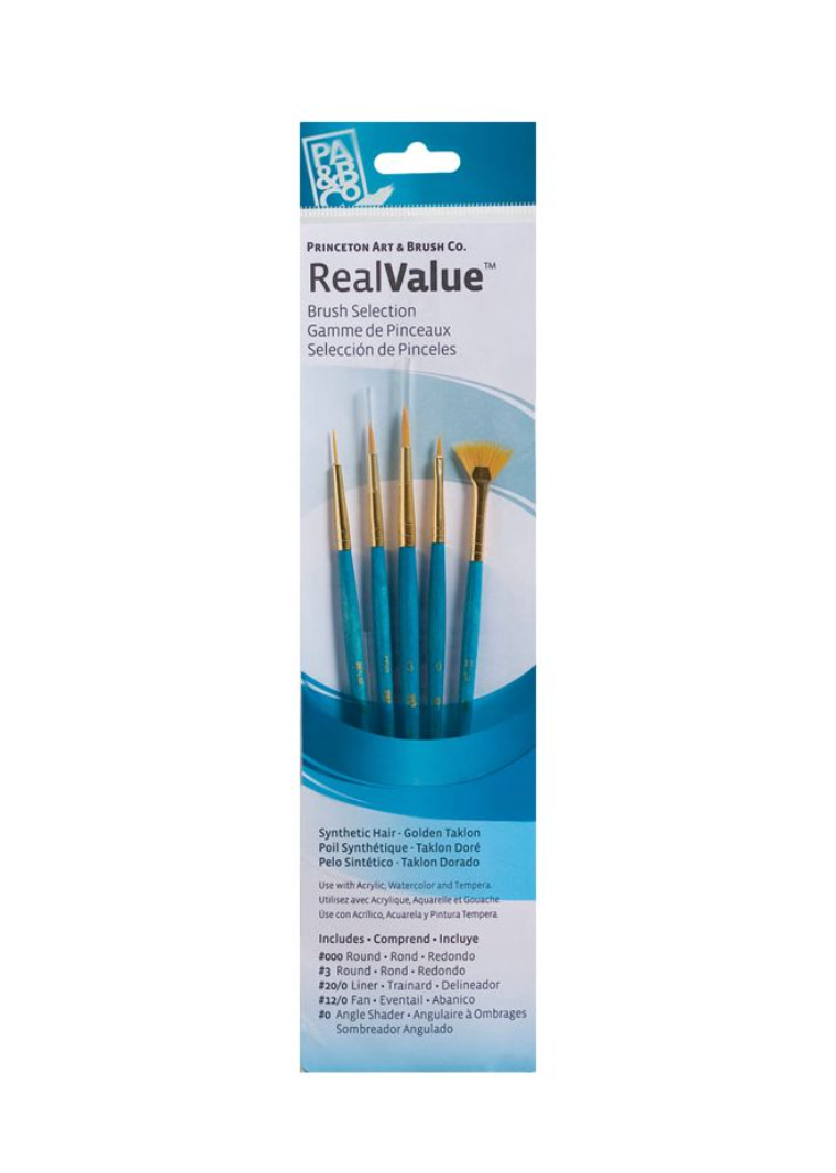 Real Value Brush Set Golden Taklon Brush Set Round 3/0, 3 round, 20/0 Liner, 12/0 Fan, 0 shader