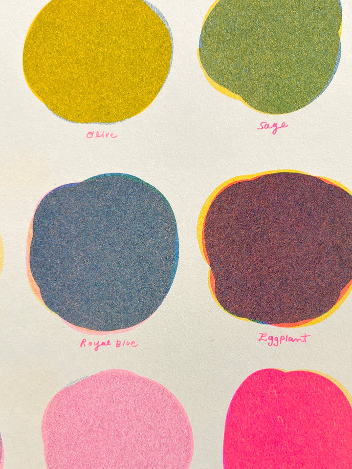 Riso Color Swatch in Blue, Yellow and Fluorescent Pink
