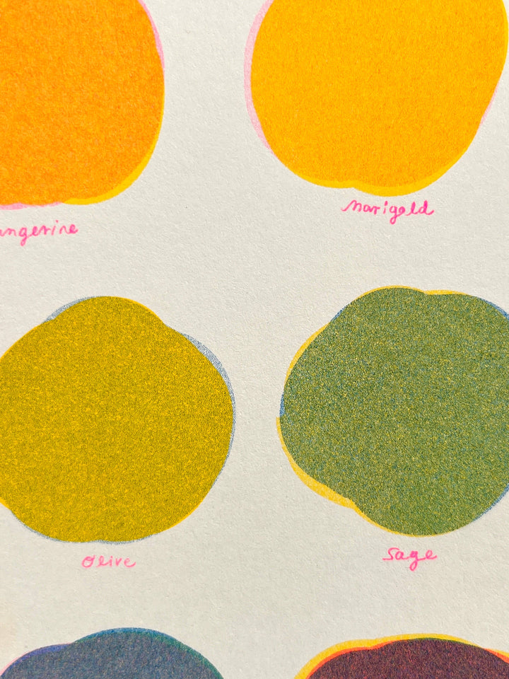 Riso Color Swatch in Blue, Yellow and Fluorescent Pink