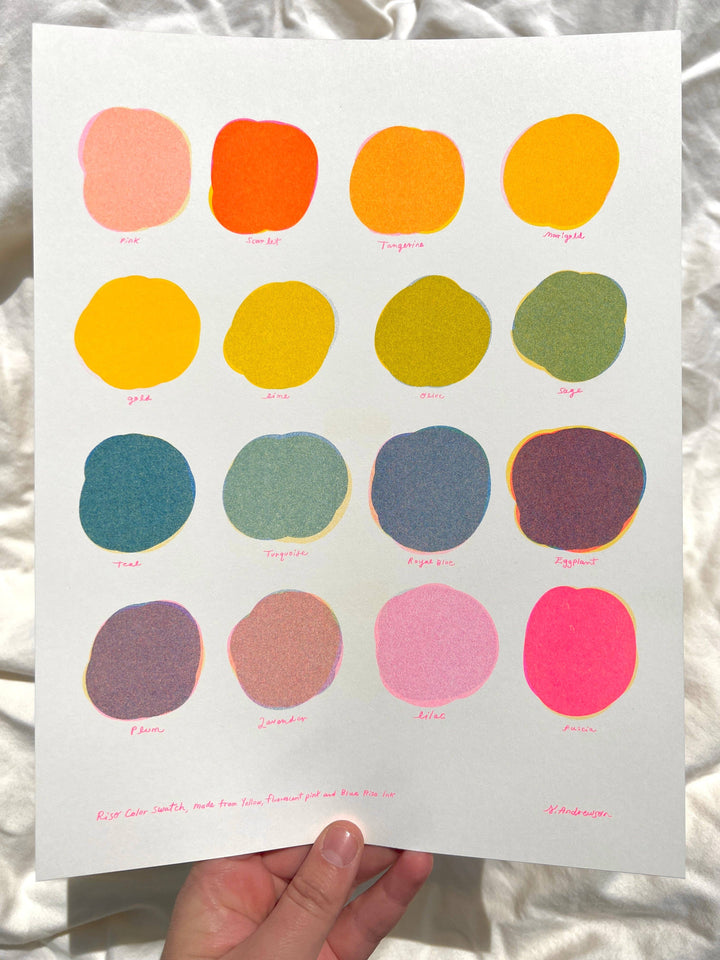 Riso Color Swatch in Blue, Yellow and Fluorescent Pink