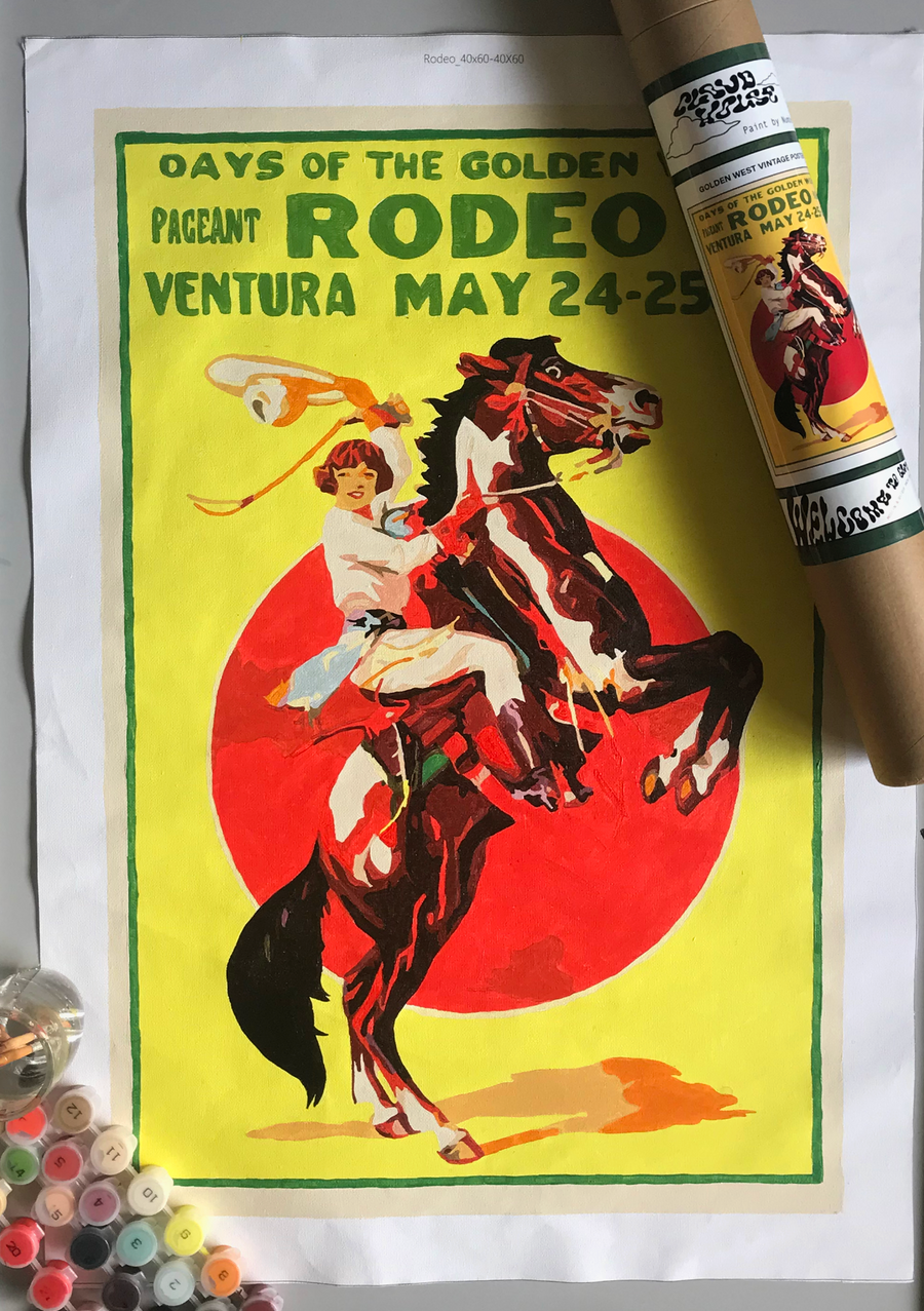Vintage paint by number kit of a cowgirl riding a horse at a rodeo yellow background vintage ventura rodeo poster