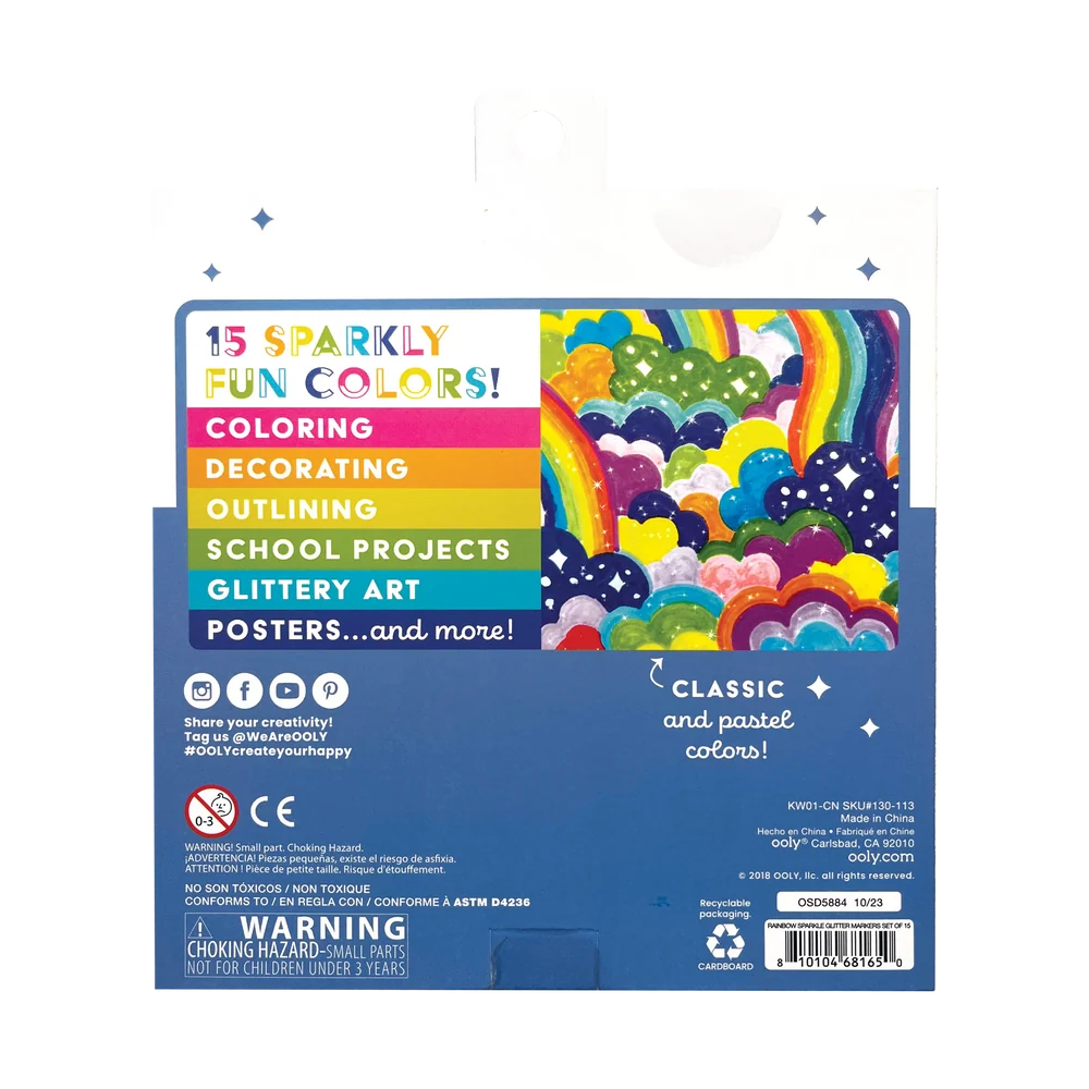 Rainbow Sparkle Glitter Markers - Set of 15
