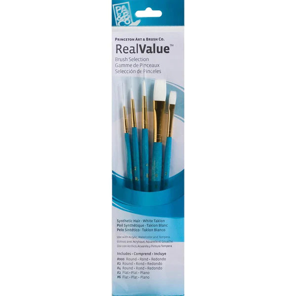 Real Value Brush Set White Taklon Brush Set Round 3/0, 2, 4, Flat 2, 6